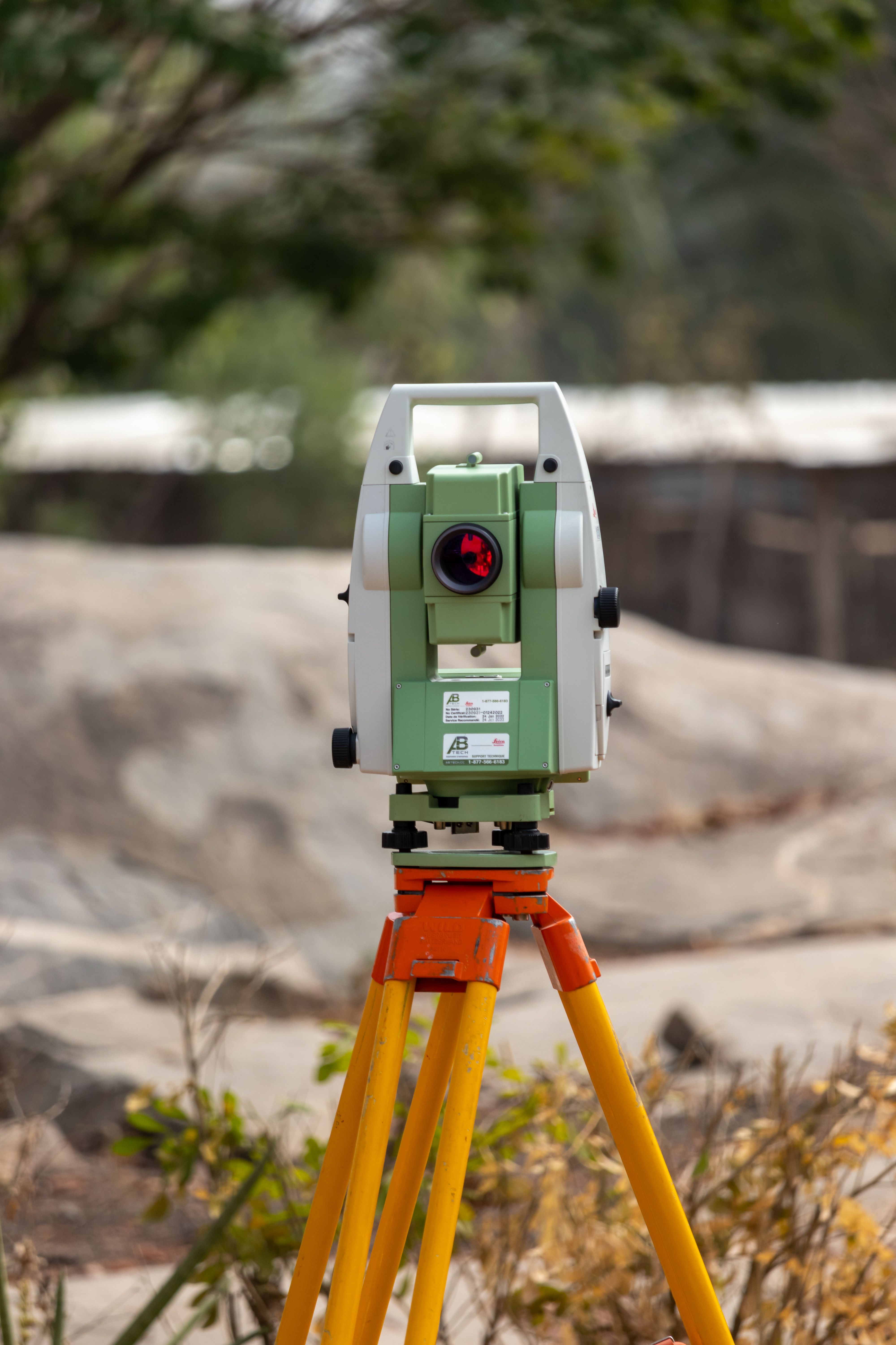 Leica total station levelled on its tripod over a survey point